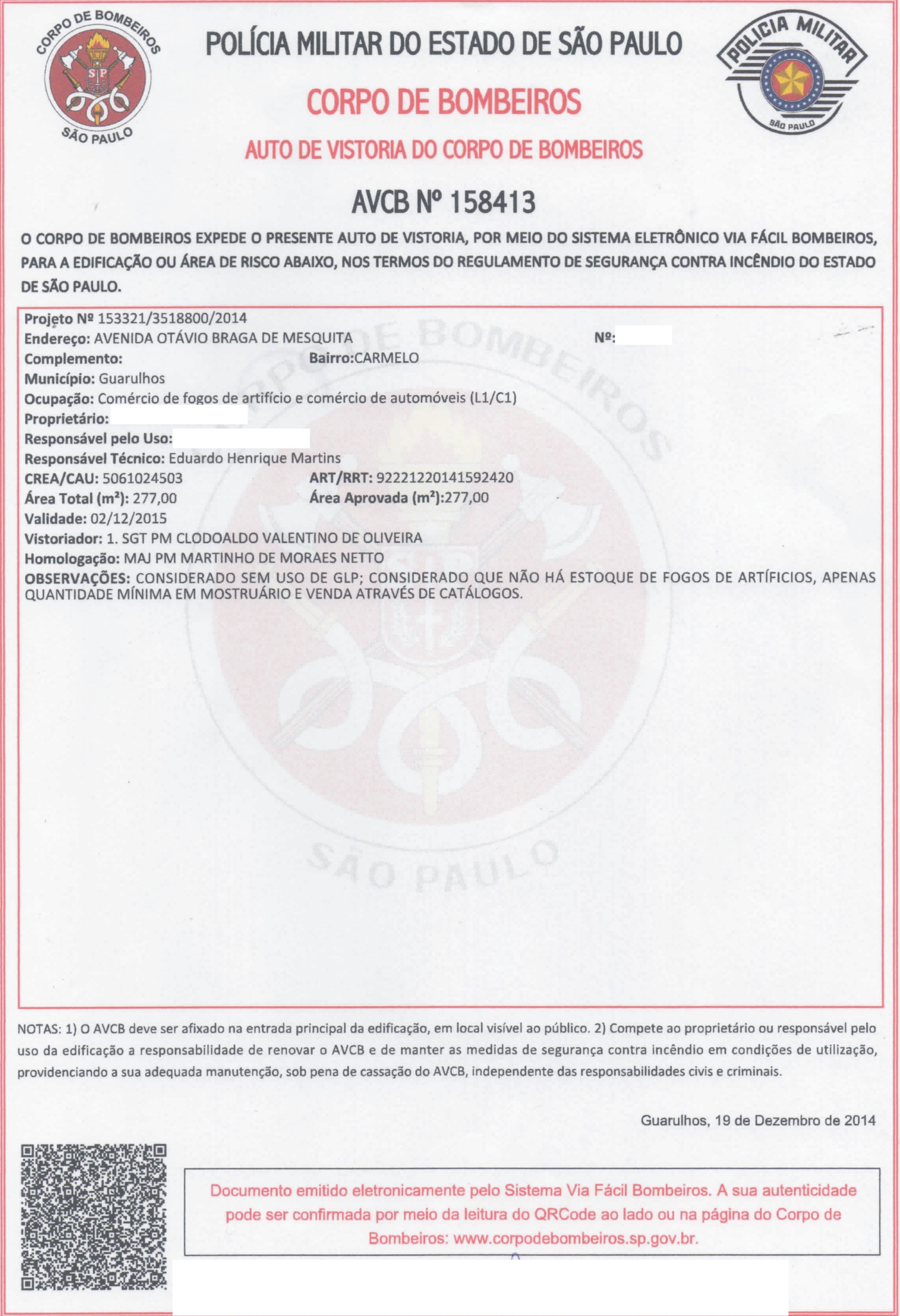 AUTO DE VISTORIA DO CORPO DE BOMBEIROS AVCB comércio de fogos de artifícios e produtos perigosos