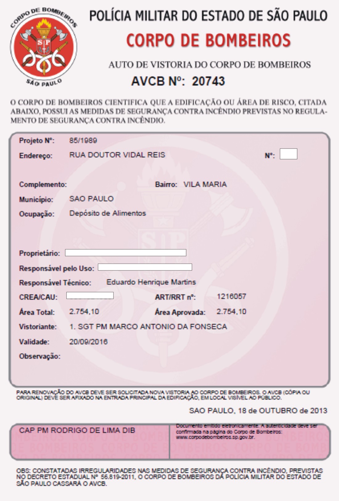 AUTO DE VISTORIA DO CORPO DE BOMBEIROS AVCB para atacadistas e distribuidores de alimentos em Guarulhos e São Paulo