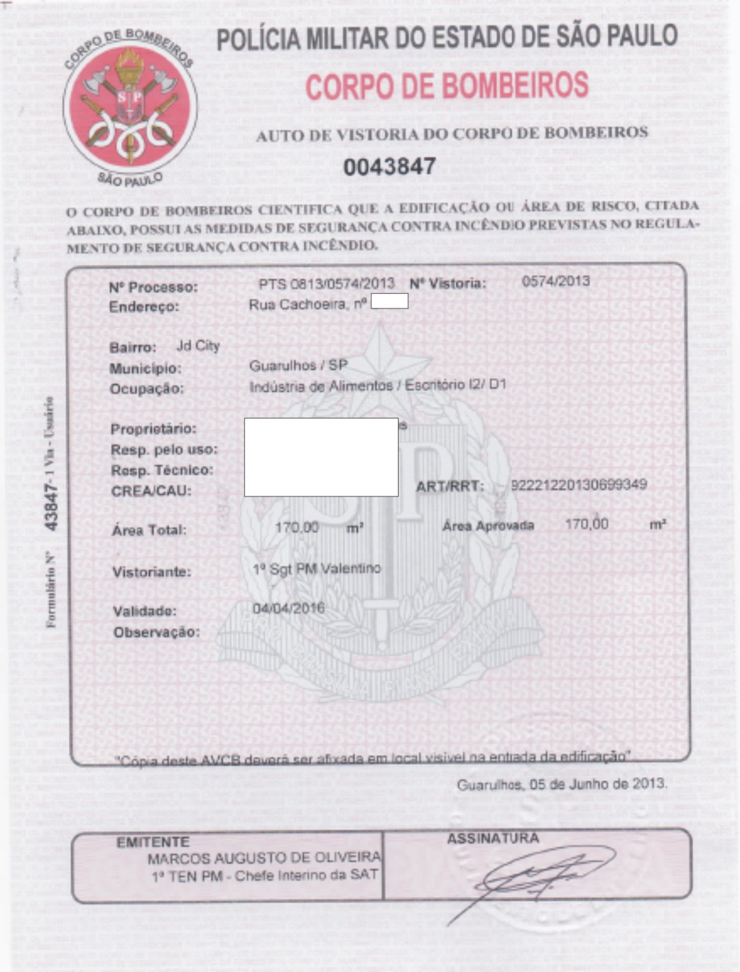 AUTO DE VISTORIA DO CORPO DE BOMBEIROS AVCB para Indústria alimentícia de alimentos em Guarulhos São Paulo SP