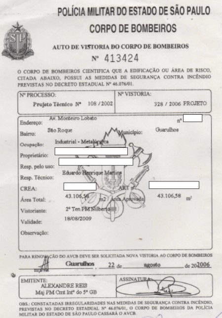 AUTO DE VISTORIA DO CORPO DE BOMBEIROS AVCB para indústria de grande porte em Cumbica Guarulhos São Paulo SP