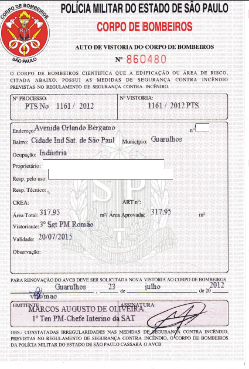 AUTO DE VISTORIA DO CORPO DE BOMBEIROS AVCB para Indústria em Cumbica Guarulhos São Paulo - SP