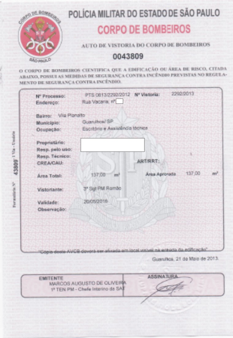 AUTO DE VISTORIA DO CORPO DE BOMBEIROS AVCB para oficinas em Guarulhos e São Paulo
