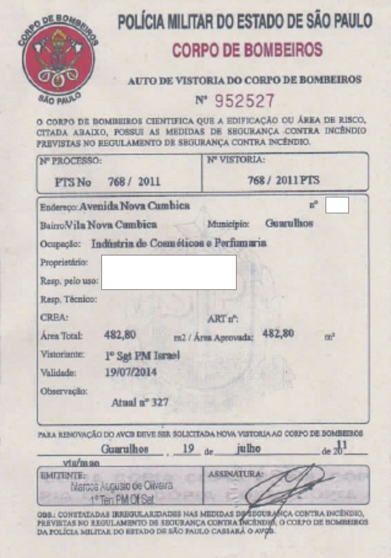 AUTO DE VISTORIA DO CORPO DE BOMBEIROS AVCB para indústria de cosméticos e perfumaria, em Cumbica, Guarulhos e São Paulo