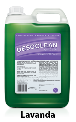 Desoclean: Limpador perfumado de uso geral que possui ação bactericida residual com um agradável aroma. Utilizado em tratamento de pisos e superfícies laváveis.