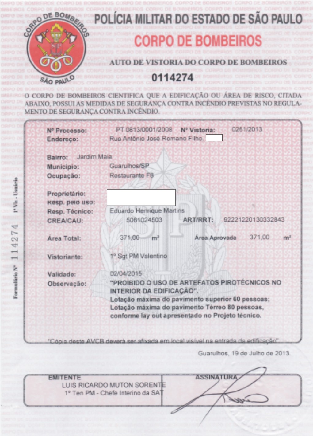 AUTO DE VISTORIA DO CORPO DE BOMBEIROS AVCB para restaurante, lanchonete e pizzaria    Guarulhos São Paulo SP