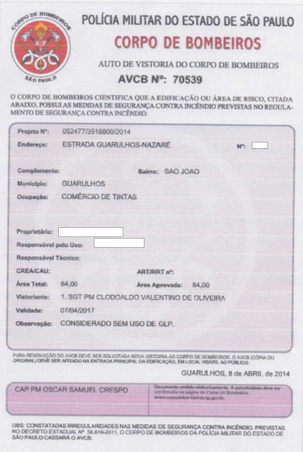 auto de vistoria do corpo de bombeiros AVCB para loja de tintas e materiais de construção no São João Guarulhos e São Paulo SP