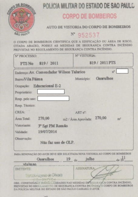 AUTO DE VISTORIA DO CORPO DE BOMBEIROS AVCB para escola e colégio Guarulhos São Paulo SP