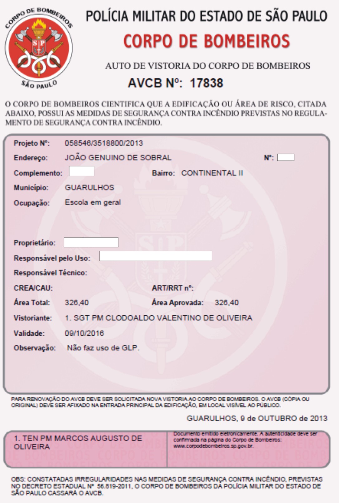 AUTO DE VISTORIA DO CORPO DE BOMBEIROS AVCB para colégios e escolas em Guarulhos São Paulo SP