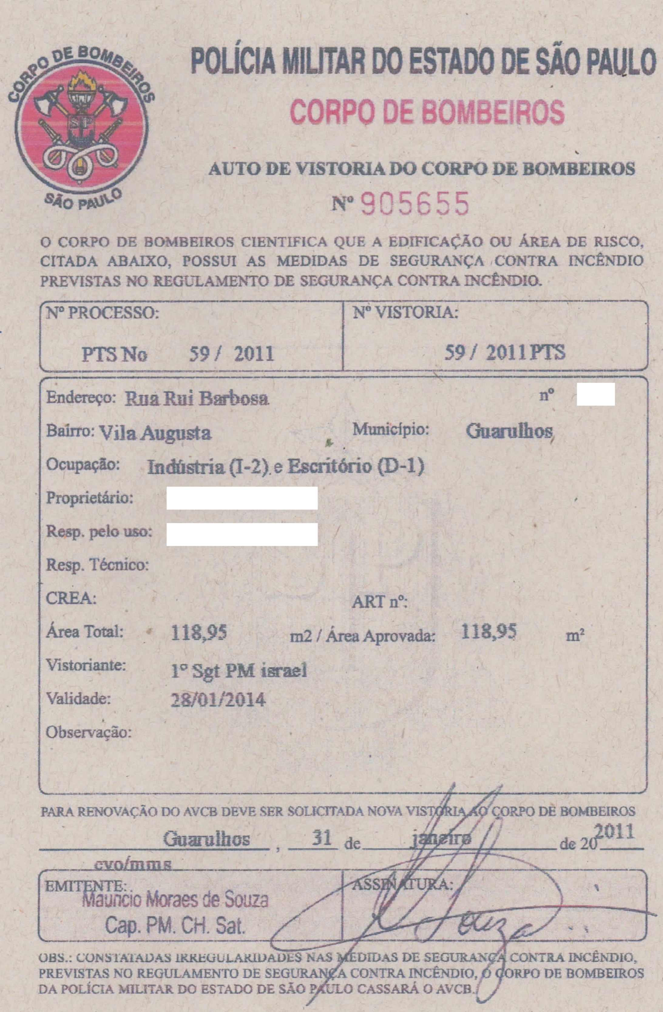 AUTO DE VISTORIA DO CORPO DE BOMBEIROS AVCB para indústria metal-mecânica em Guarulhos e São Paulo