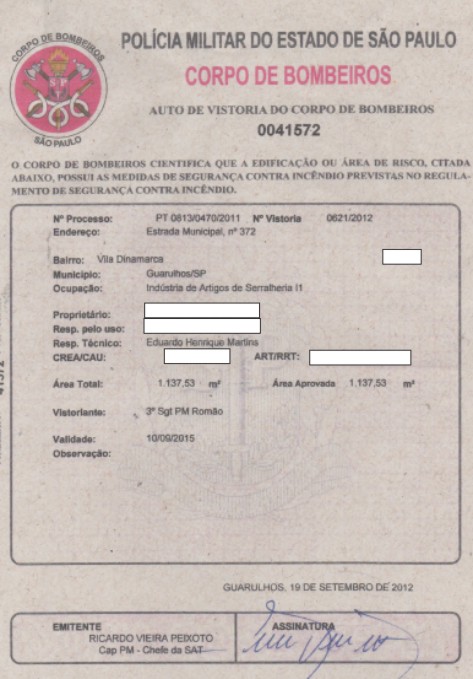 AUTO DE VISTORIA DO CORPO DE BOMBEIROS AVCB para indústria metalúrgica e serralheria em Guarulhos São Paulo SP