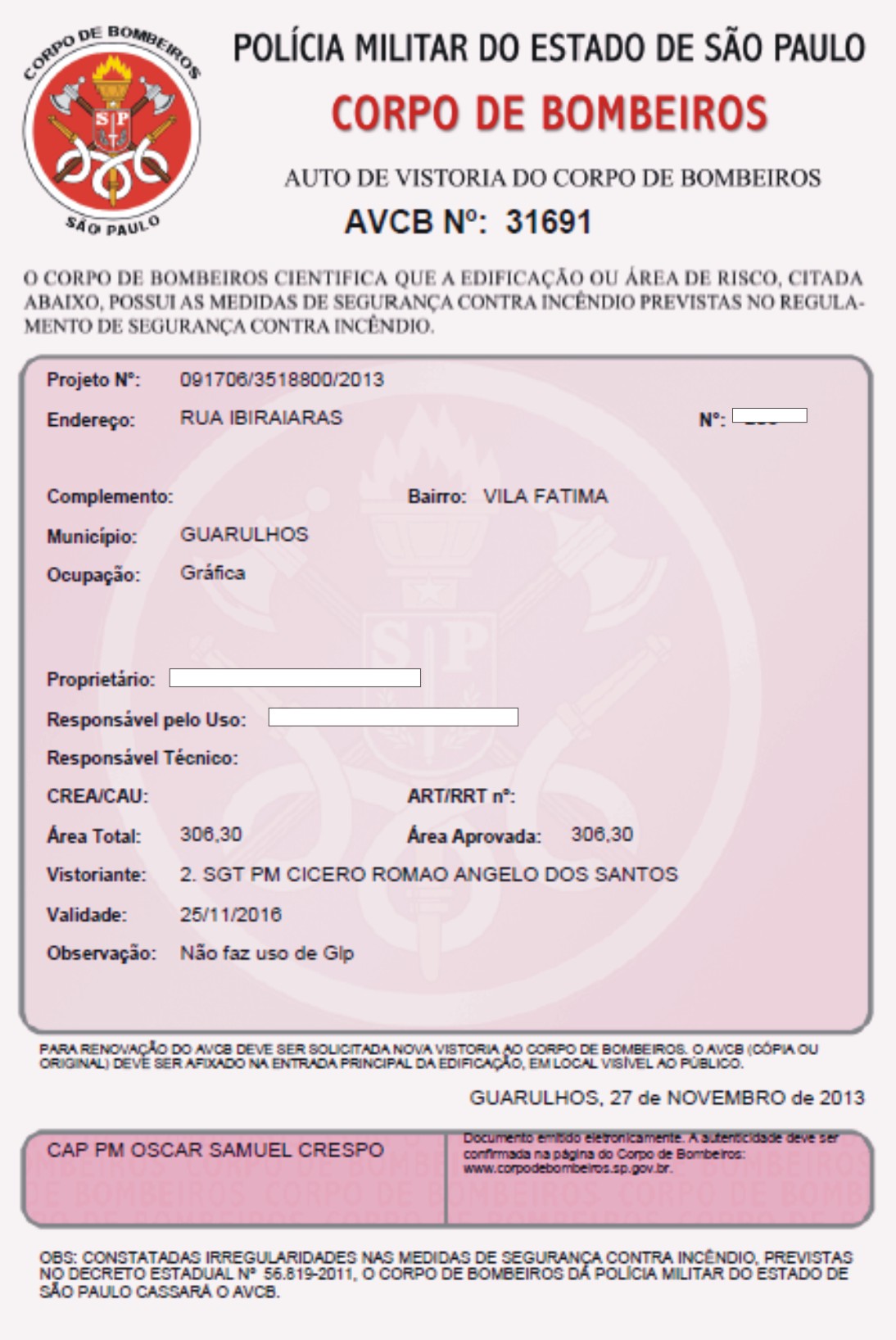 AVCB AUTO DE VISTORIA DO CORPO DE BOMBEIROS para gráfica e indústria gráfica em Guarulhos e São Paulo