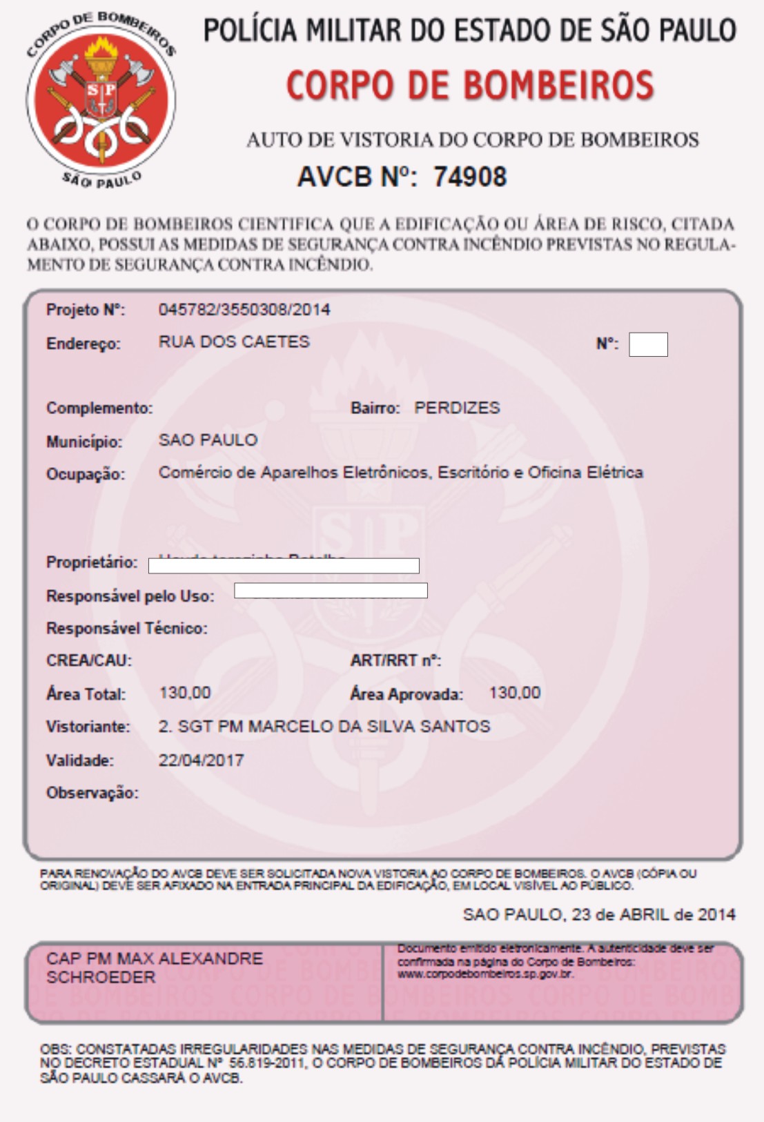 AVCB AUTO DE VISTORIA DO CORPO DE BOMBEIROS para comércio de aparelhos eletrônicos e eletroeletrônicos em Guarulhos e São Paulo