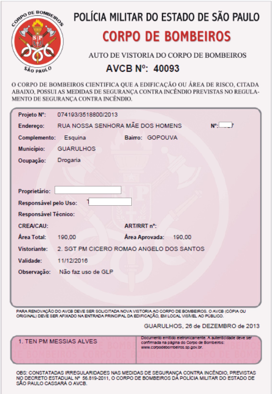 AUTO DE VISTORIA DO CORPO DE BOMBEIROS AVCB para farmácia e drogaria em Guarulhos São Paulo SP