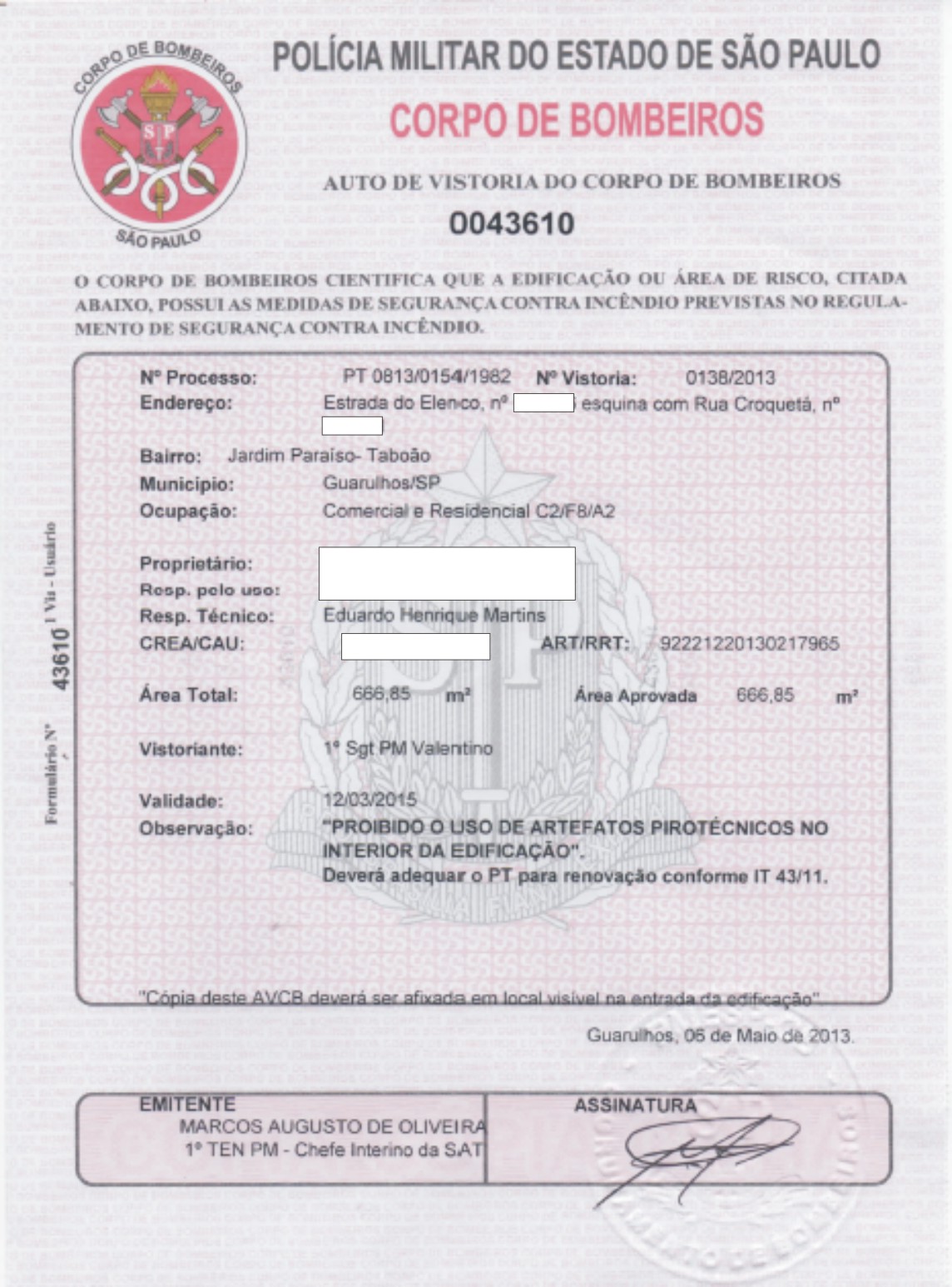 auto de vistoria do corpo de bombeiros AVCB para prédio comercial e residencial em Guarulhos, SP