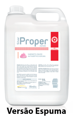 Silver Proper: Sabonete líquido antisséptico de amplo espectro para higienização e limpeza das mãos. Isento de perfume, testado e aprovado dermatologicamente.