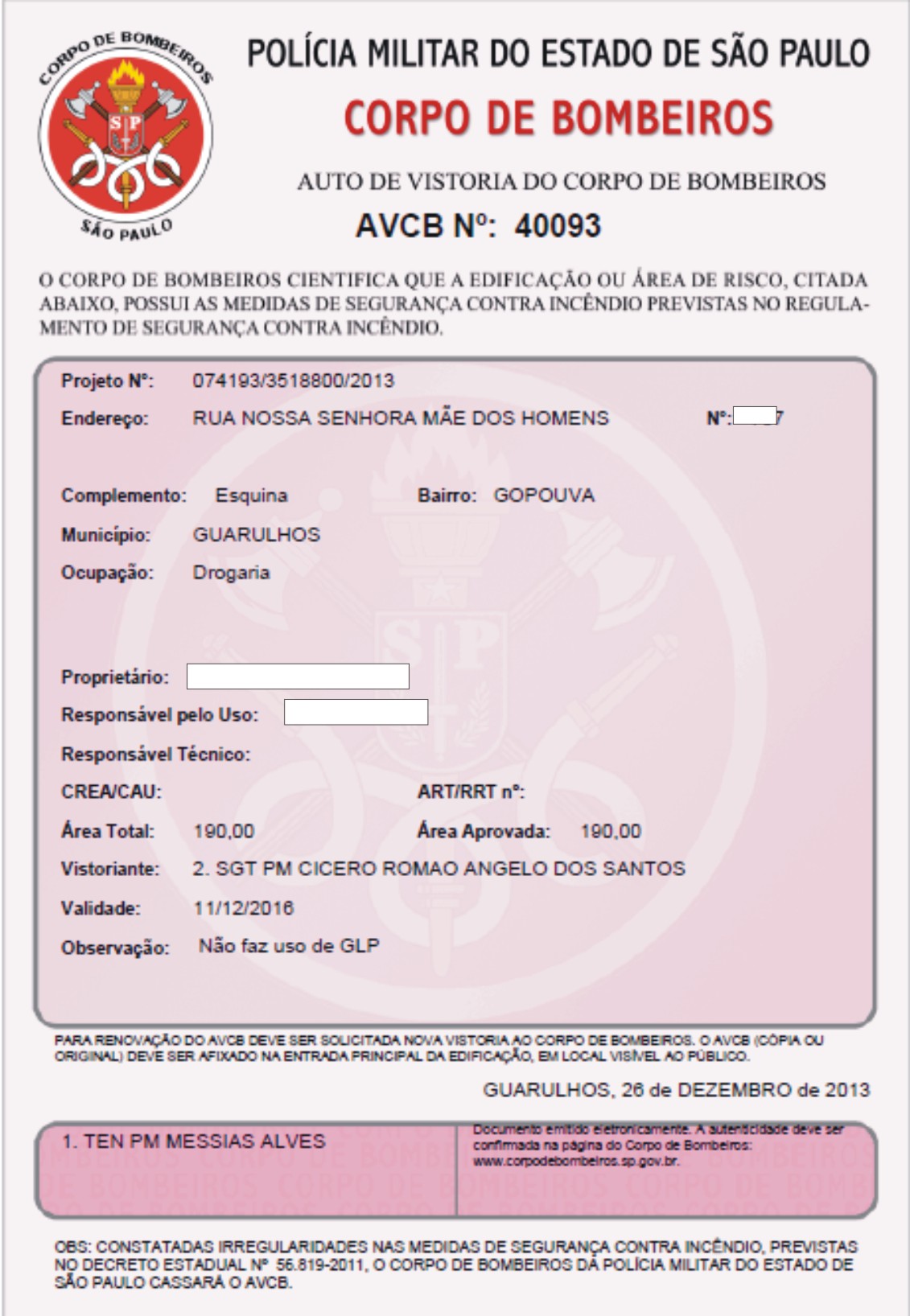 Auto de Vistoria do Corpo de Bombeiros AVCB para Farmácia e Drogaria