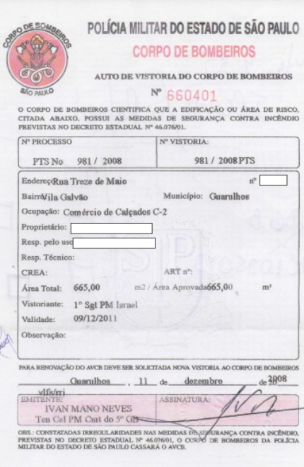 AUTO DE VISTORIA DO CORPO DE BOMBEIROS AVCB loja de calçados e sapatos Vila Galvão Guarulhos São Paulo SP