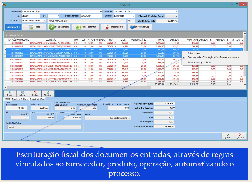 Escrituração de documentos de entradas