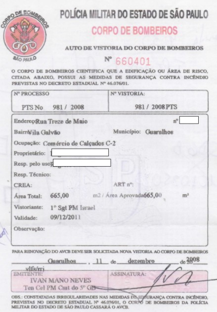 AUTO DE VISTORIA DO CORPO DE BOMBEIROS AVCB para loja de calçados e sapatos na Vila Galvão em Guarulhos São Paulo SP