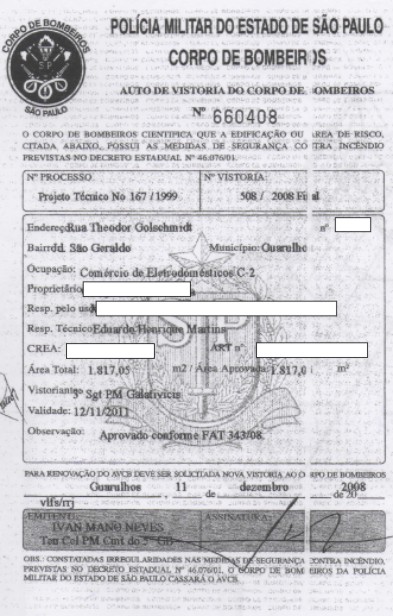 AVCB Auto de Vistoria do Corpo de Bombeiros para comércio de eletrodomésticos em Guarulhos